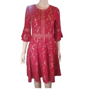 Missmay Red Lace Fit Flare Dress S Bell Sleeve Romantic Goth Vamp